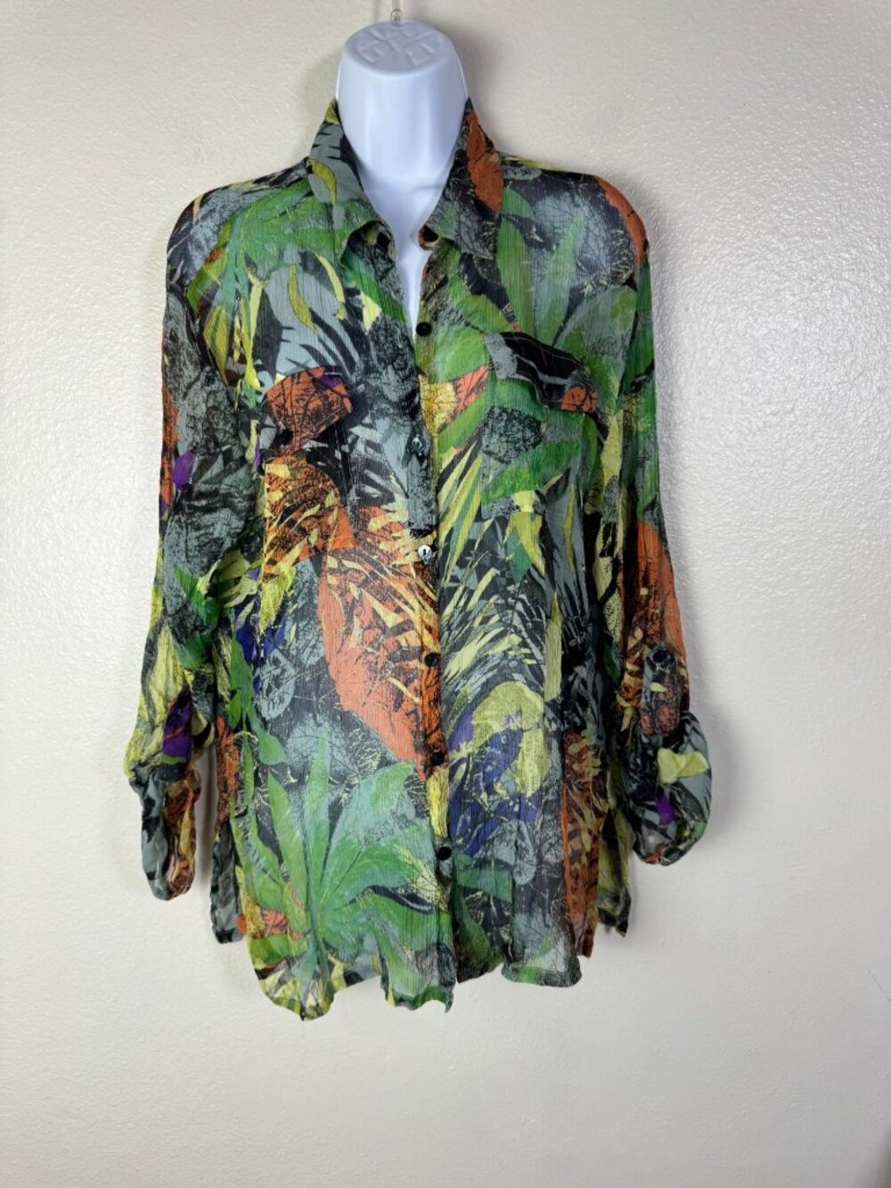 Chicos 100% Silk Womens Sheer Button Up Shirt Large Long Sleeve Green Tropical